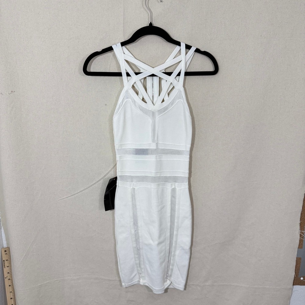 Bebe Womens White Strappy Cage Neckline Mesh Bandage Bodycon Dress XS NWT